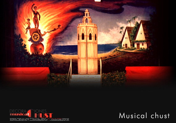 Decoraciones Murales con Telones Pintados de dimensiones especiales para Teatro, Decorados sobre temática general, valenciana, o local. Pinturas acrilicas de gran resistencia para proporcionar una larga durabilidad. Soporte de Tela especial, con cordones para montaje y tensado.